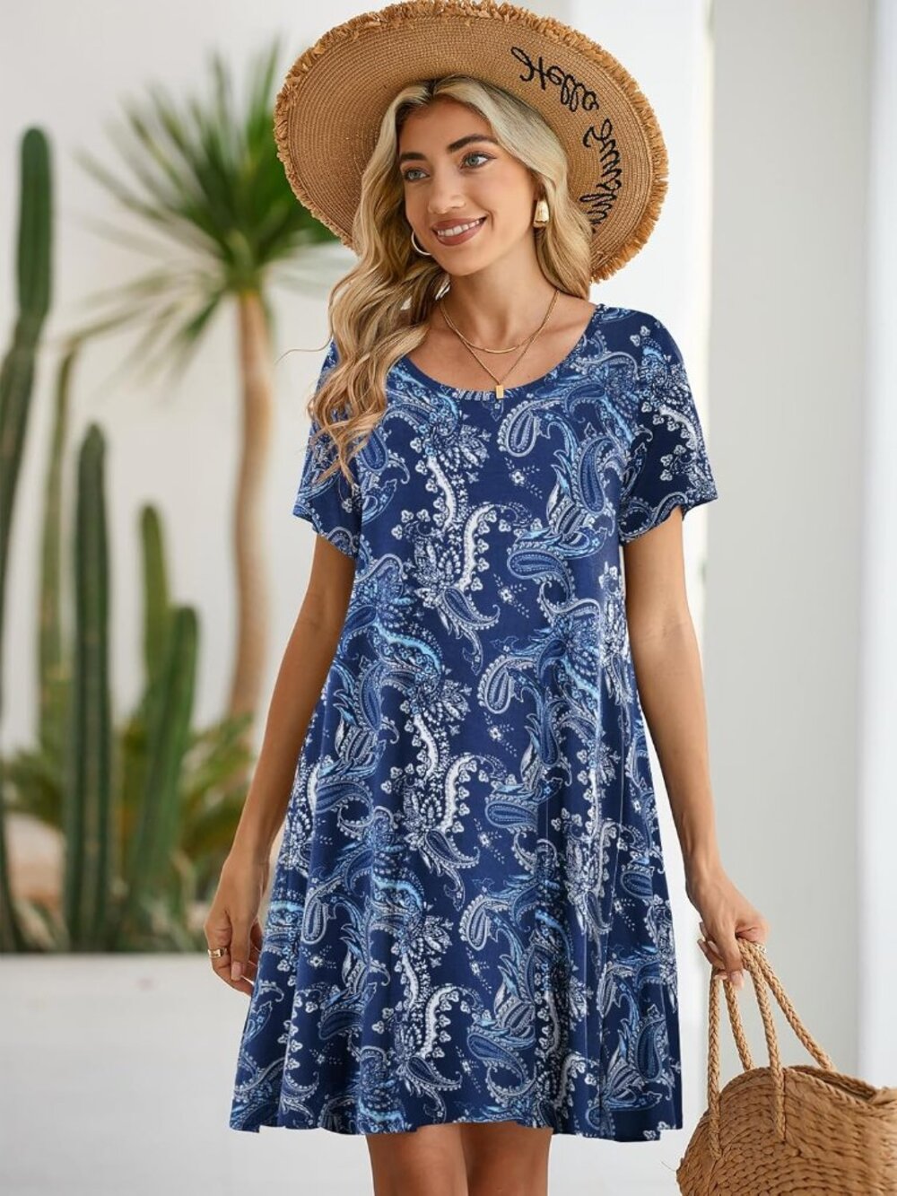 Women's Flower Casual Loose Swing Tunic Short Sleeve Sun Mini Shirt Dress - Picture 5 of 6